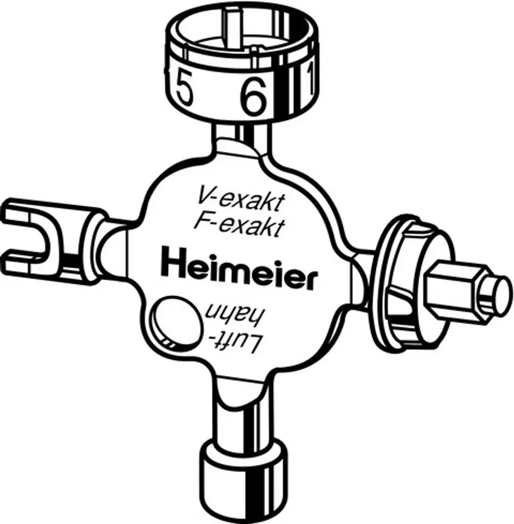 Universalschlüssel von IMI Hydronic Engineering mit mehreren Anschlüssen zur Regulierung von Heizkörperventilen. Beschriftungen für V-exakt, F-exakt und weitere Modelle sind vorhanden.